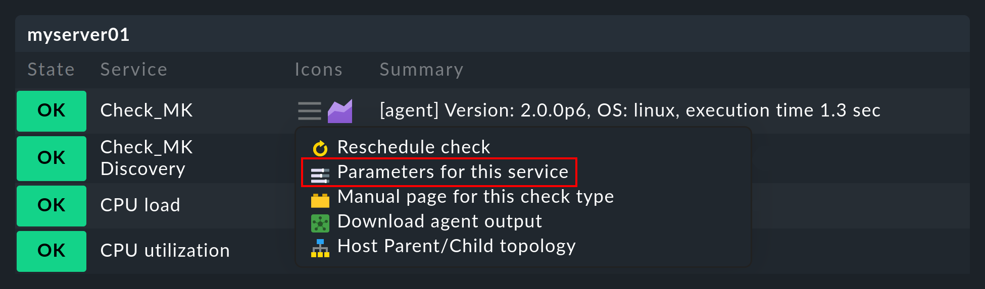 Services list in the monitoring with opened action menu of a service.