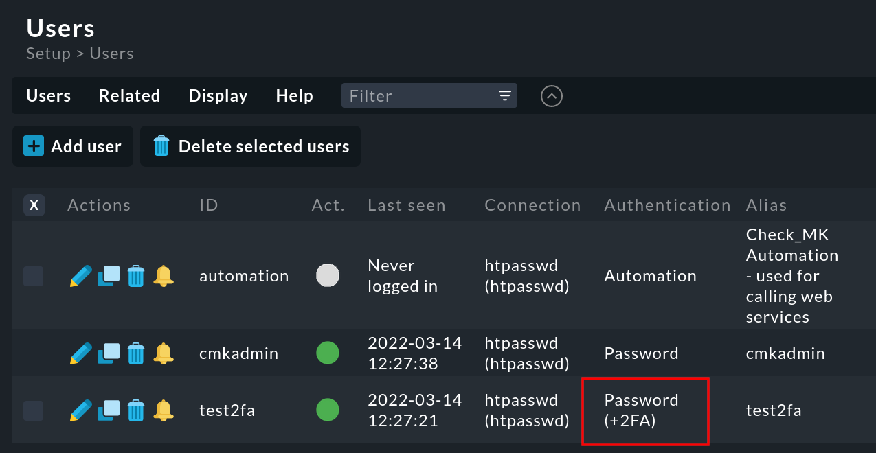 View of two-factor authentication in user management.