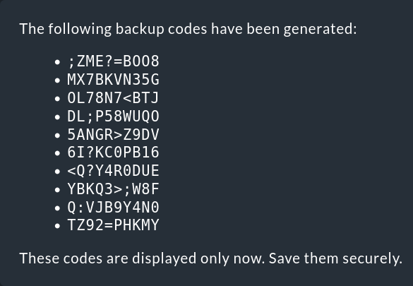 Display of the generated backup codes.
