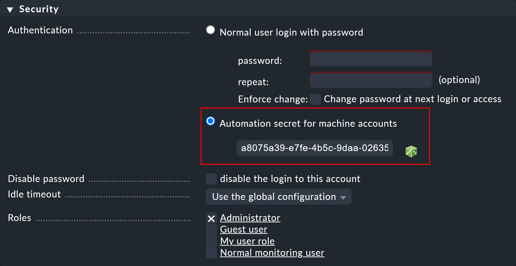 Automation user security settings.