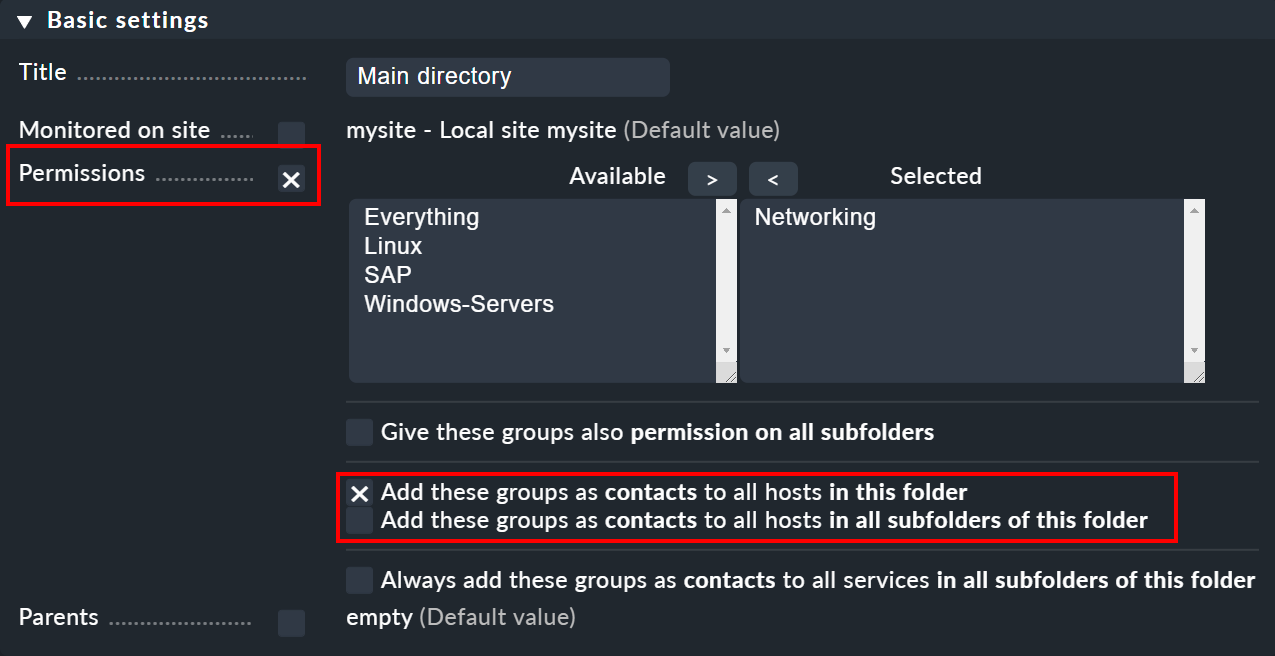Dialog for assigning contact groups to folders.