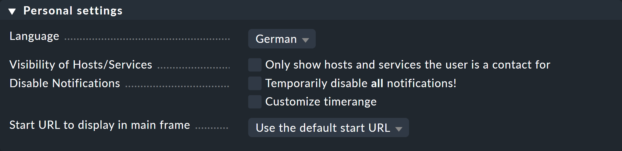 Dialog für persönliche Einstellungen eines Benutzers.