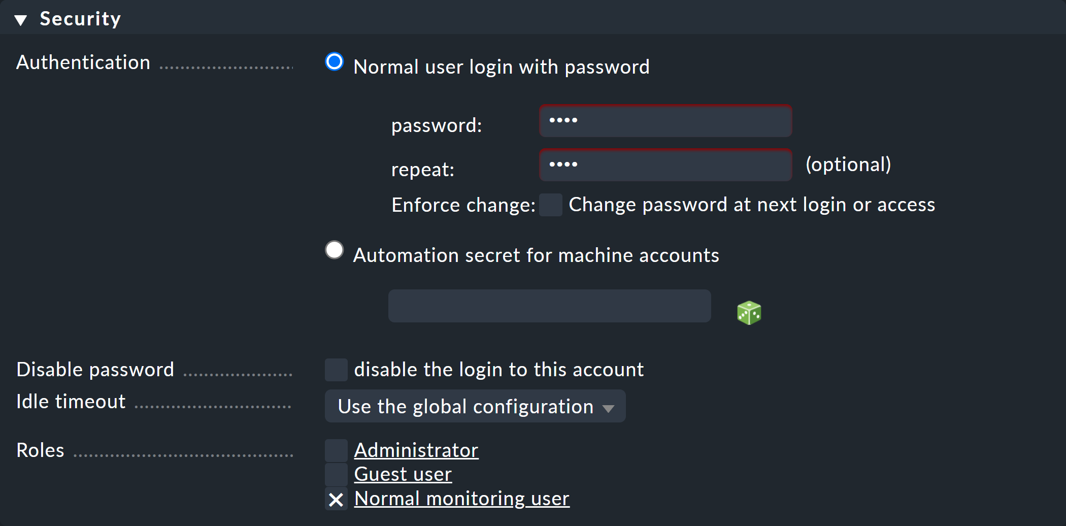 Dialog for a user's security settings.
