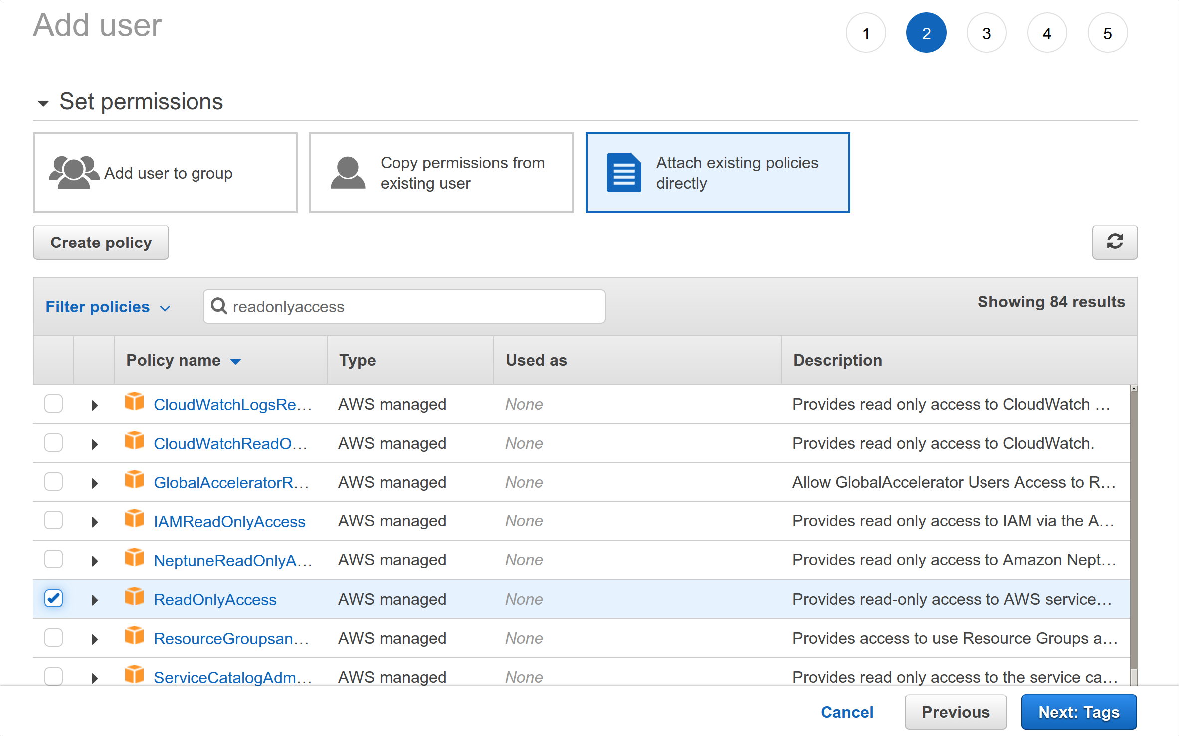 aws create user policies