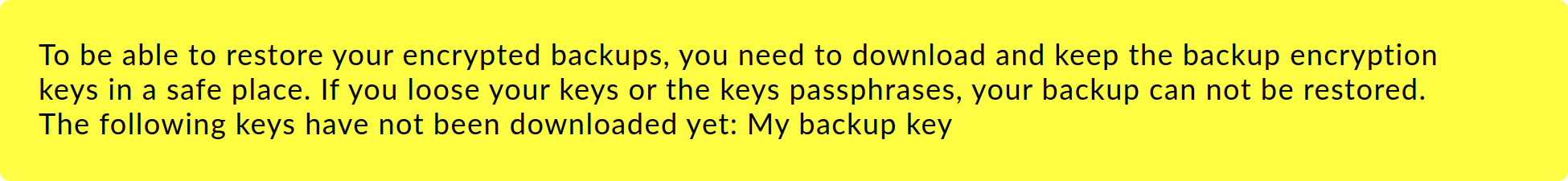 Meldung, dass die Backup-Schlüssel noch nicht heruntergeladen wurden.