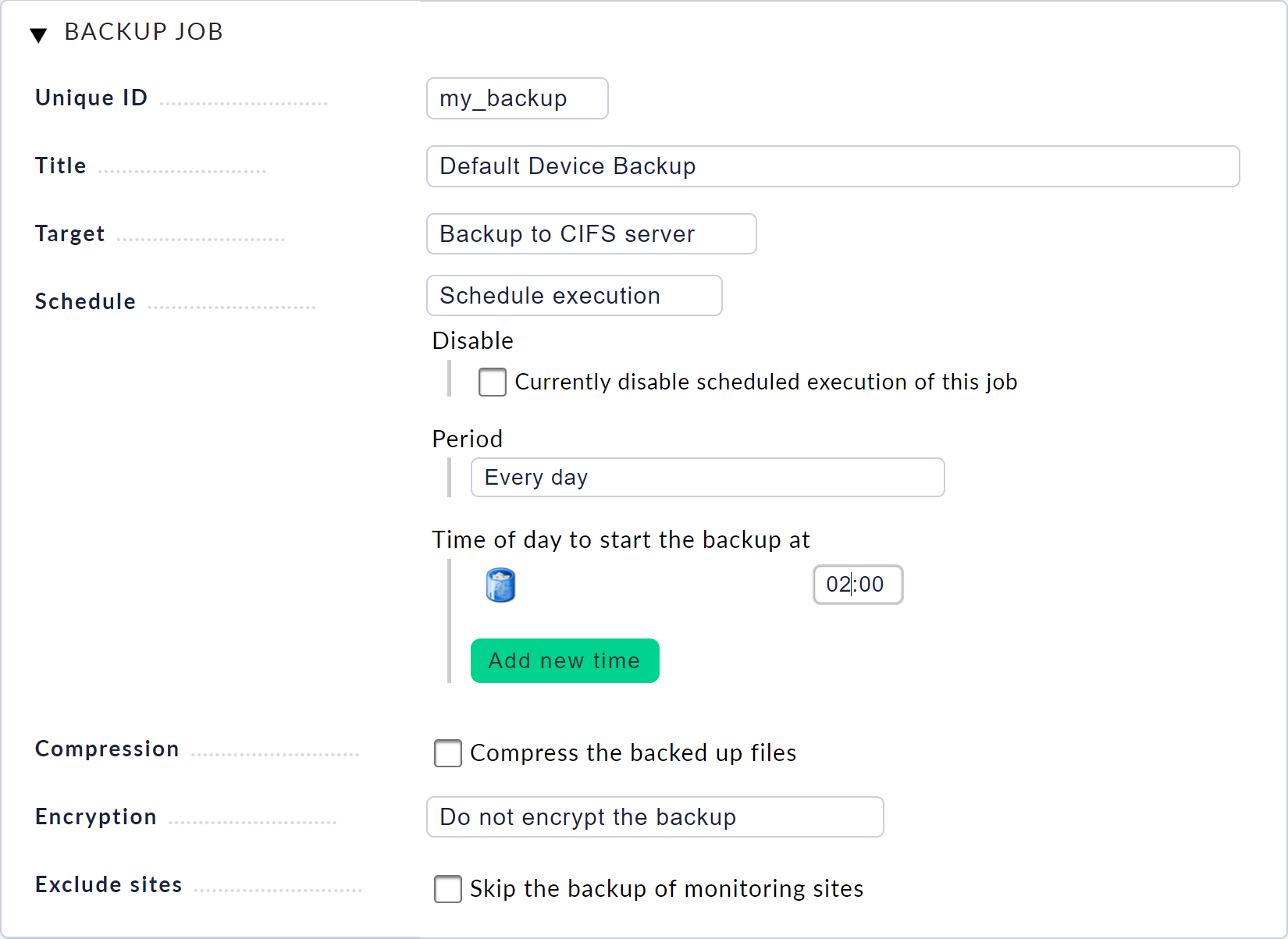 Backup job settings.