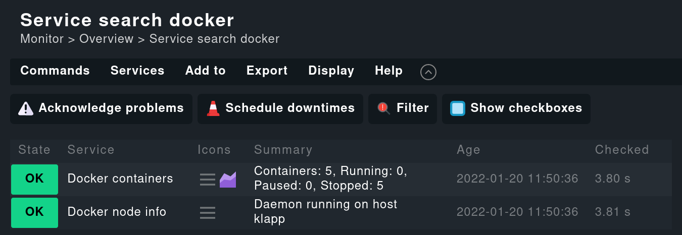 View of the Docker services currently having been found in Checkmk.