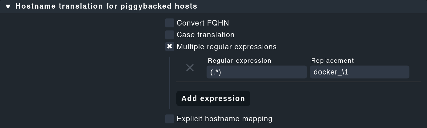 Rule for renaming the host names contained in the piggyback data.