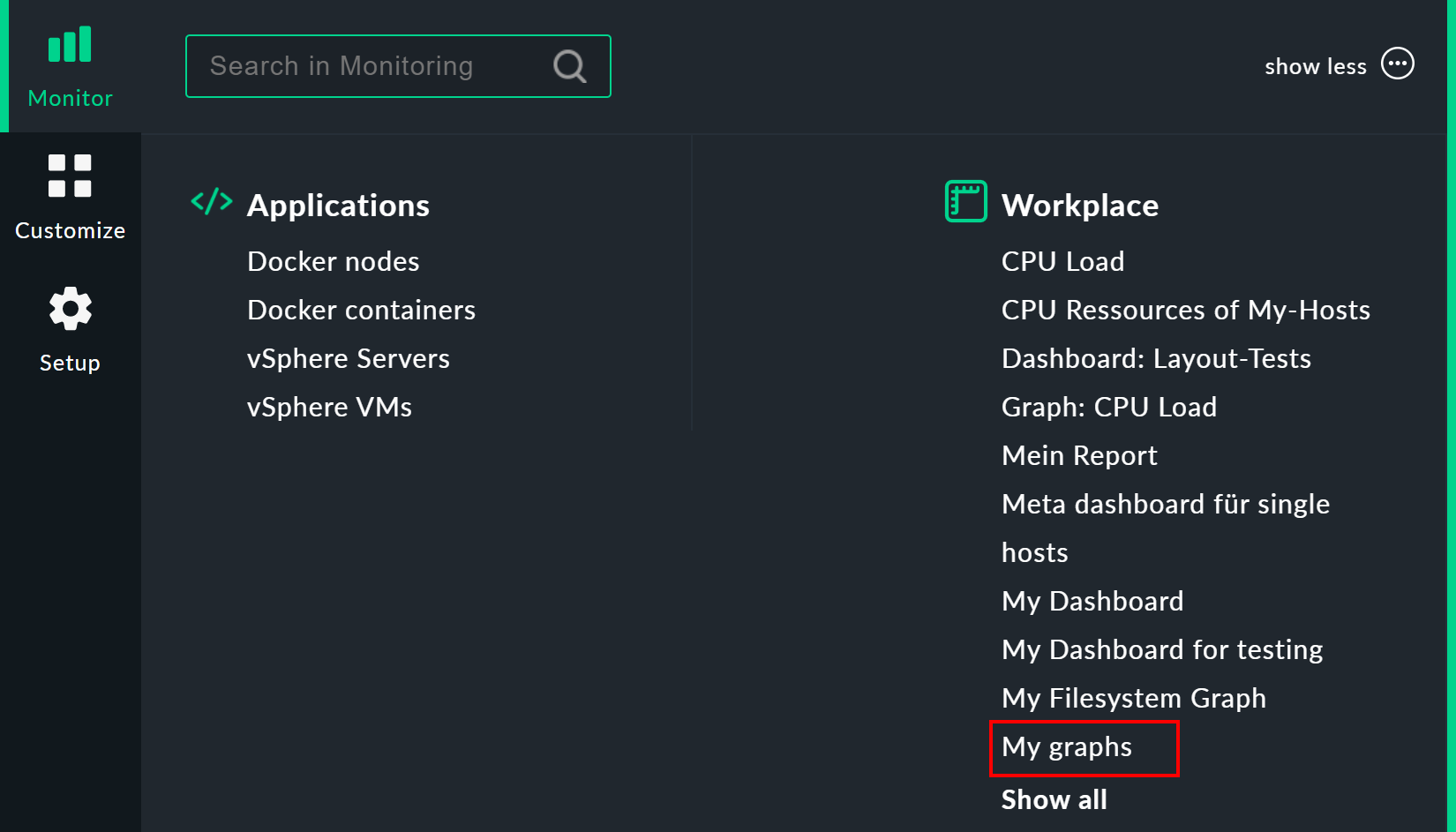 Selection of the graph collection in the 'Monitor' menu.