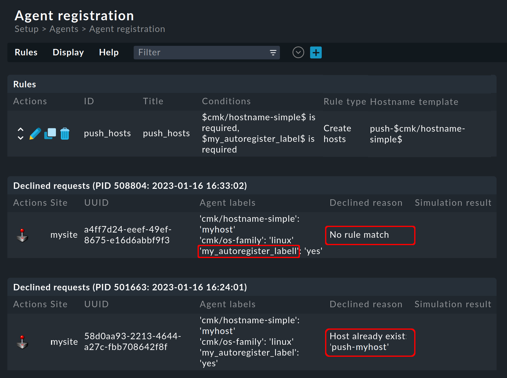 List of rejected auto-registration requests.