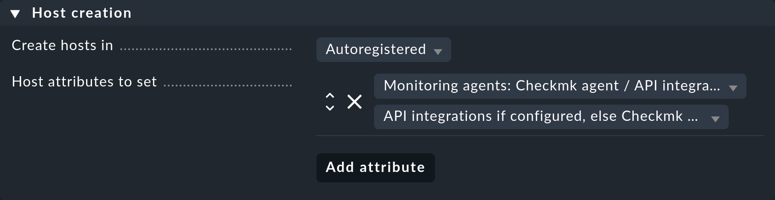 Auto-registration rule specifying the destination folder and host attributes.