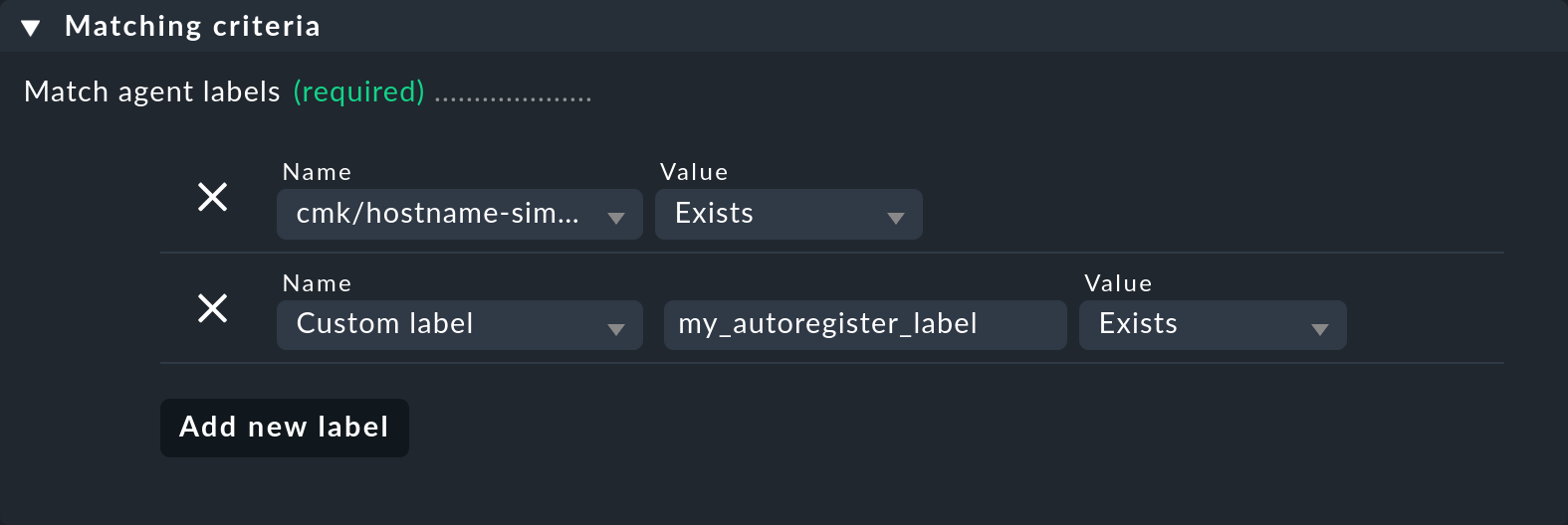 Regel zur Autoregistrierung mit Festlegung der zulässigen Labels.