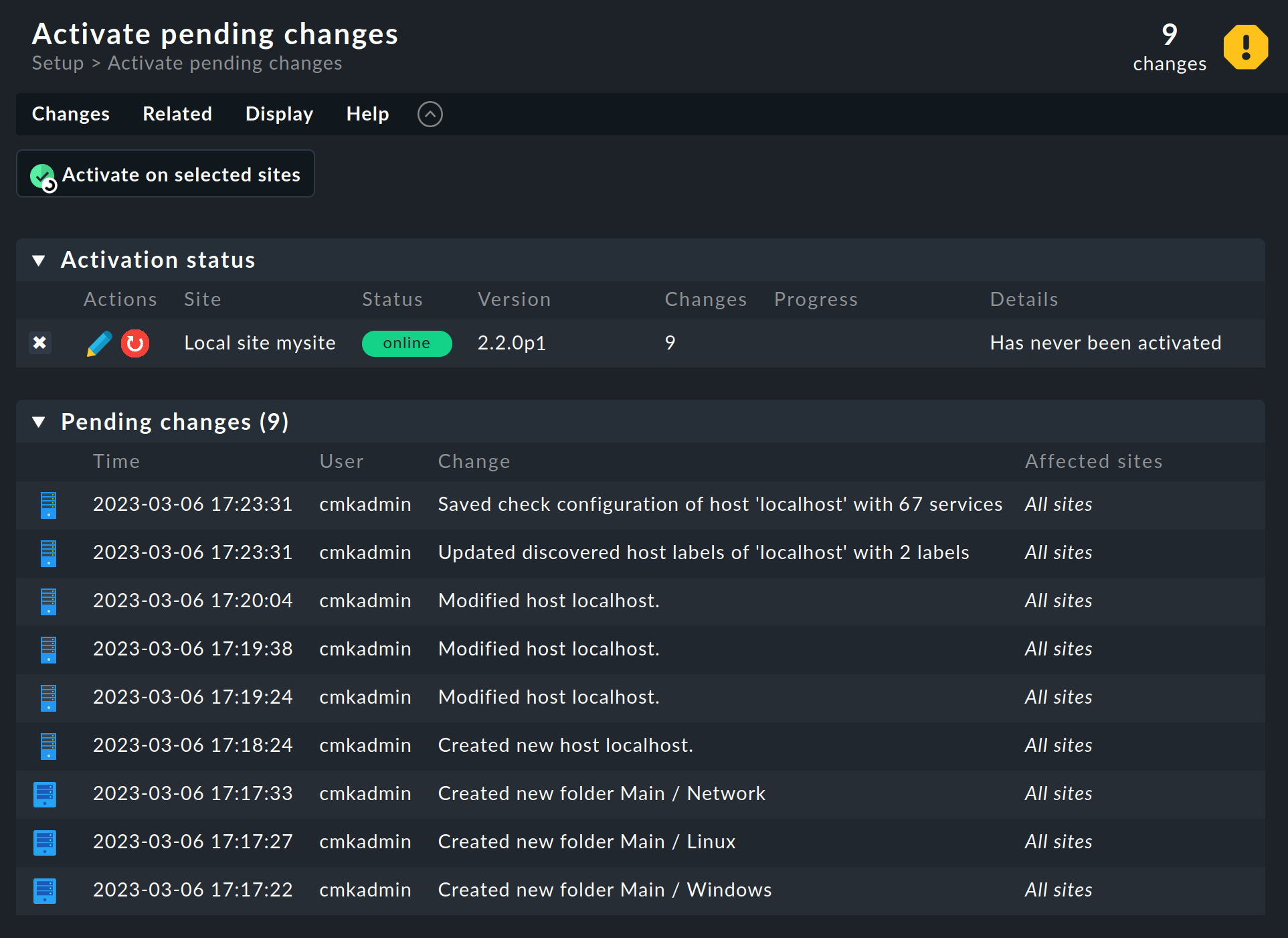 List of pending changes for activation.