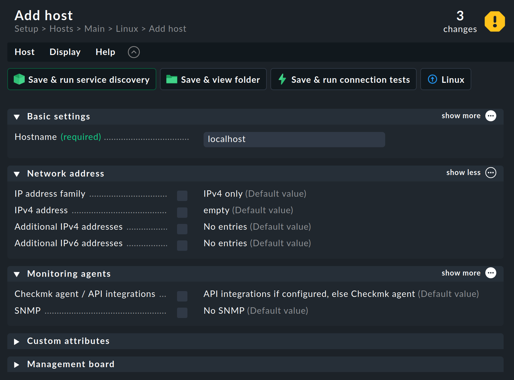 Dialog with properties when creating a host.