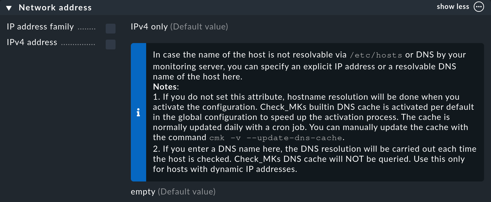 Die Eigenschaften eines Hosts mit eingeblendeter Inline-Hilfe für die IPv4-Adresse.