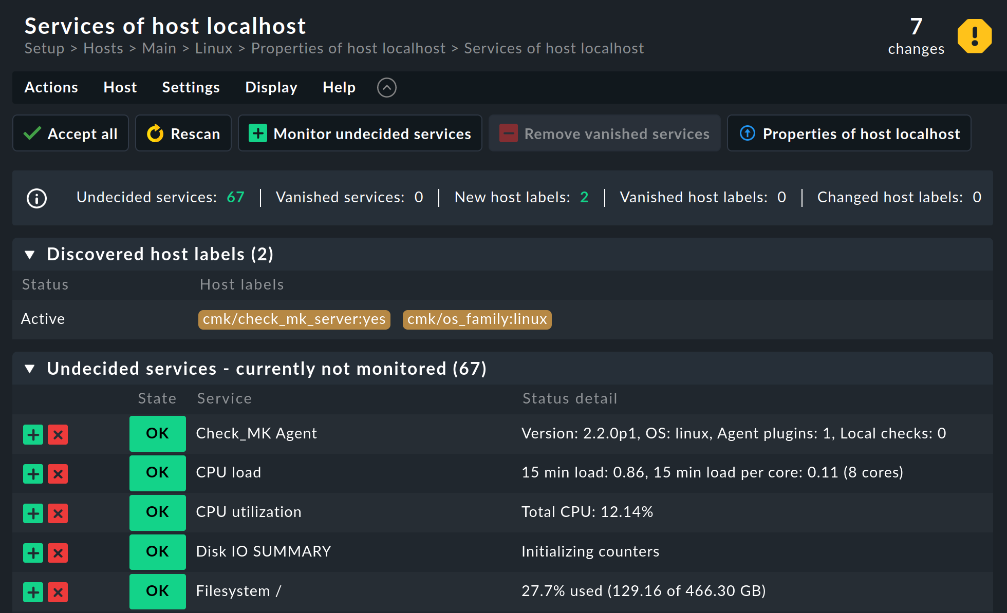 Liste der auf dem Host gefundenen Services zur Aufnahme ins Monitoring.