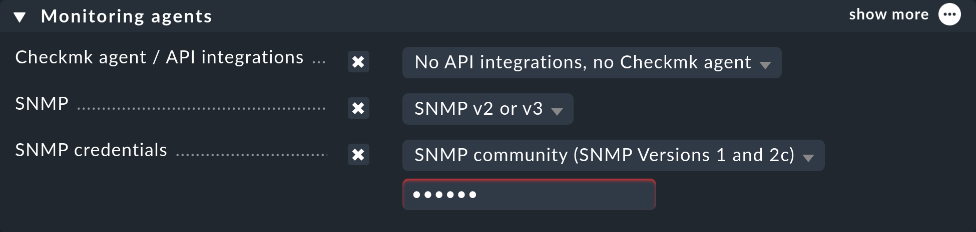Dialog with properties when creating a host via SNMP: the 'Monitoring agents'.