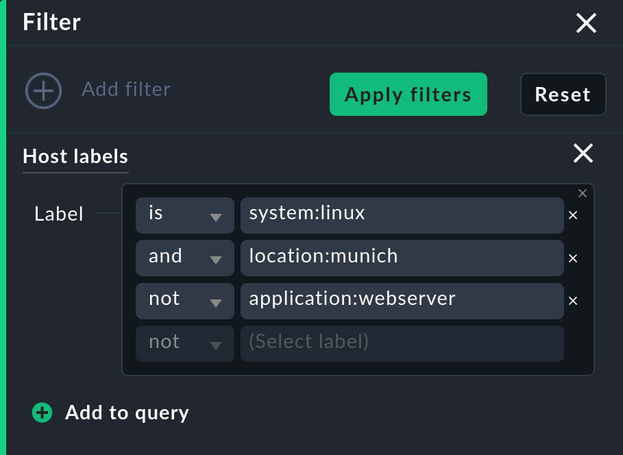 Filter options with 3 label filters linked by logical operators.