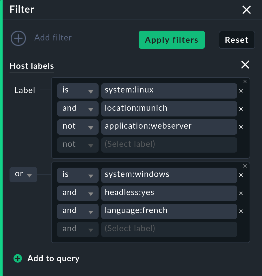 Filter options with 6 label filters linked by logical operators.