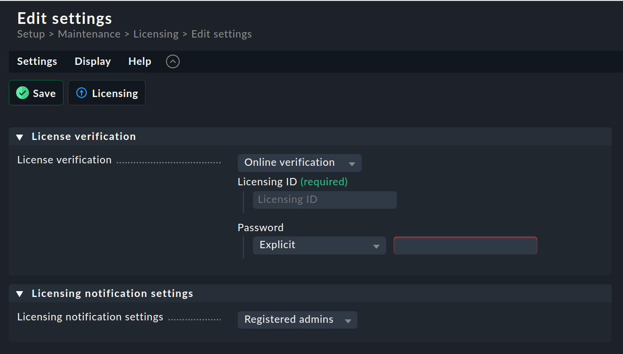 Form to enter license usage settings.