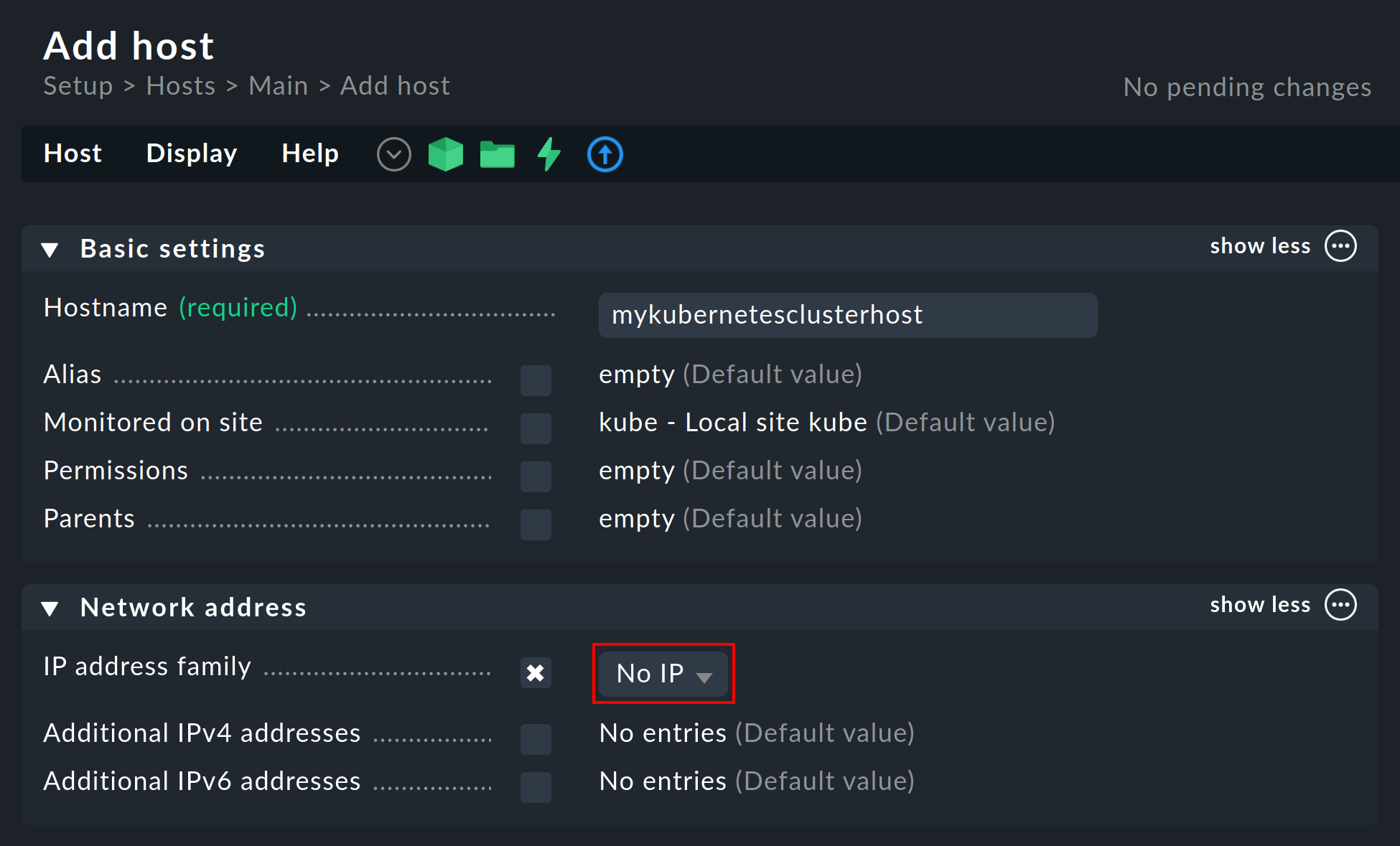 Beispielhafte Einrichtung eines Cluster-Hosts mit der wichtigen Einstellung 'No IP'.