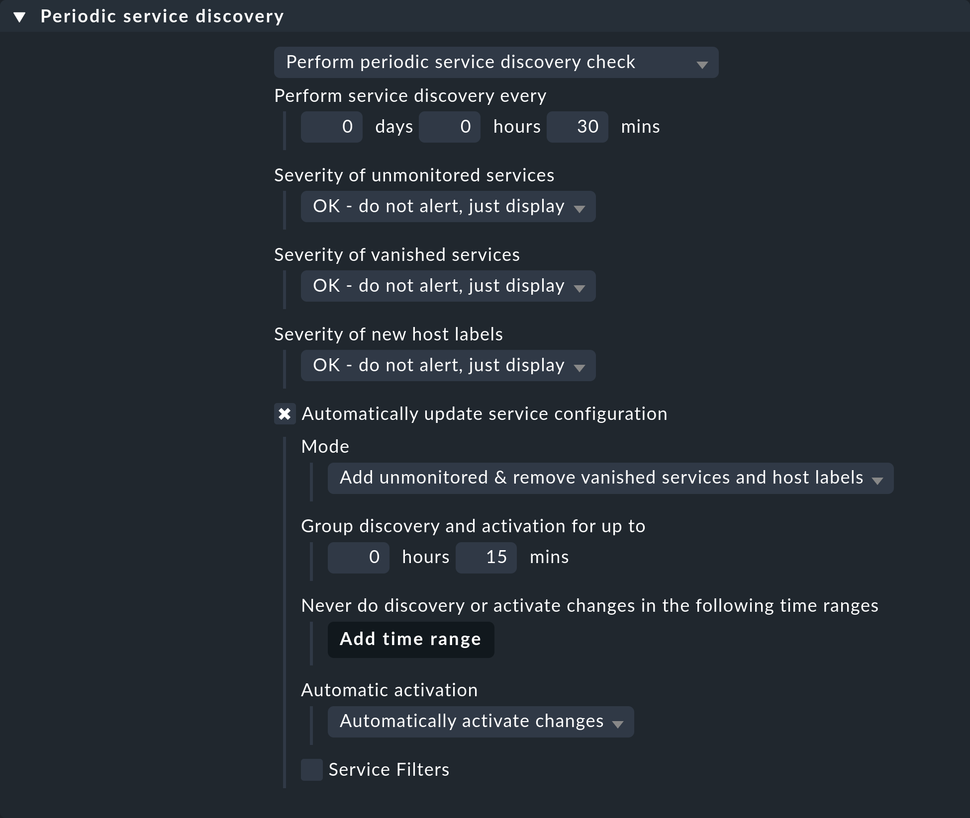 An example setup for the periodic service discovery for Kubernetes objects.