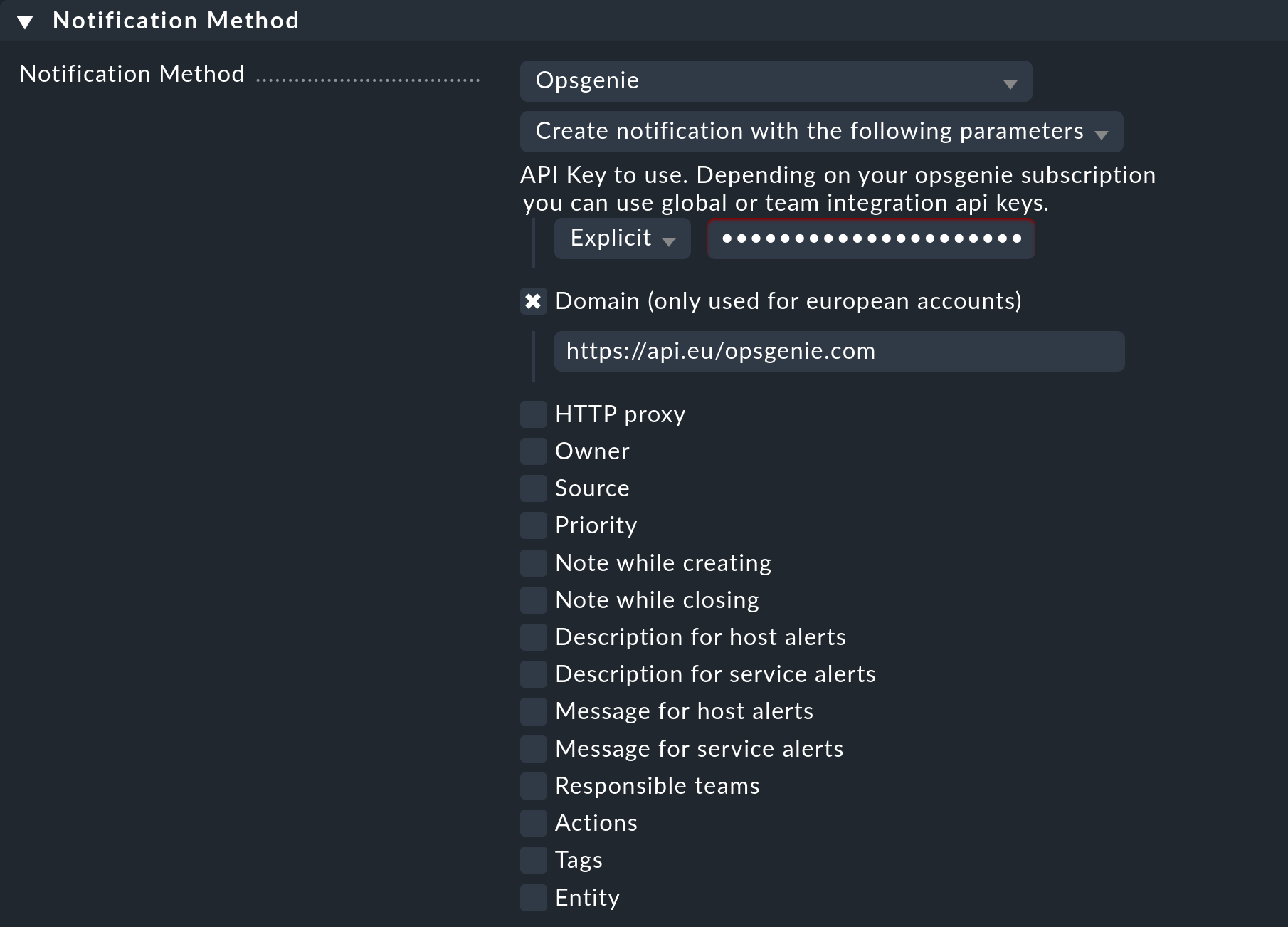 The notification method settings for Opsgenie.