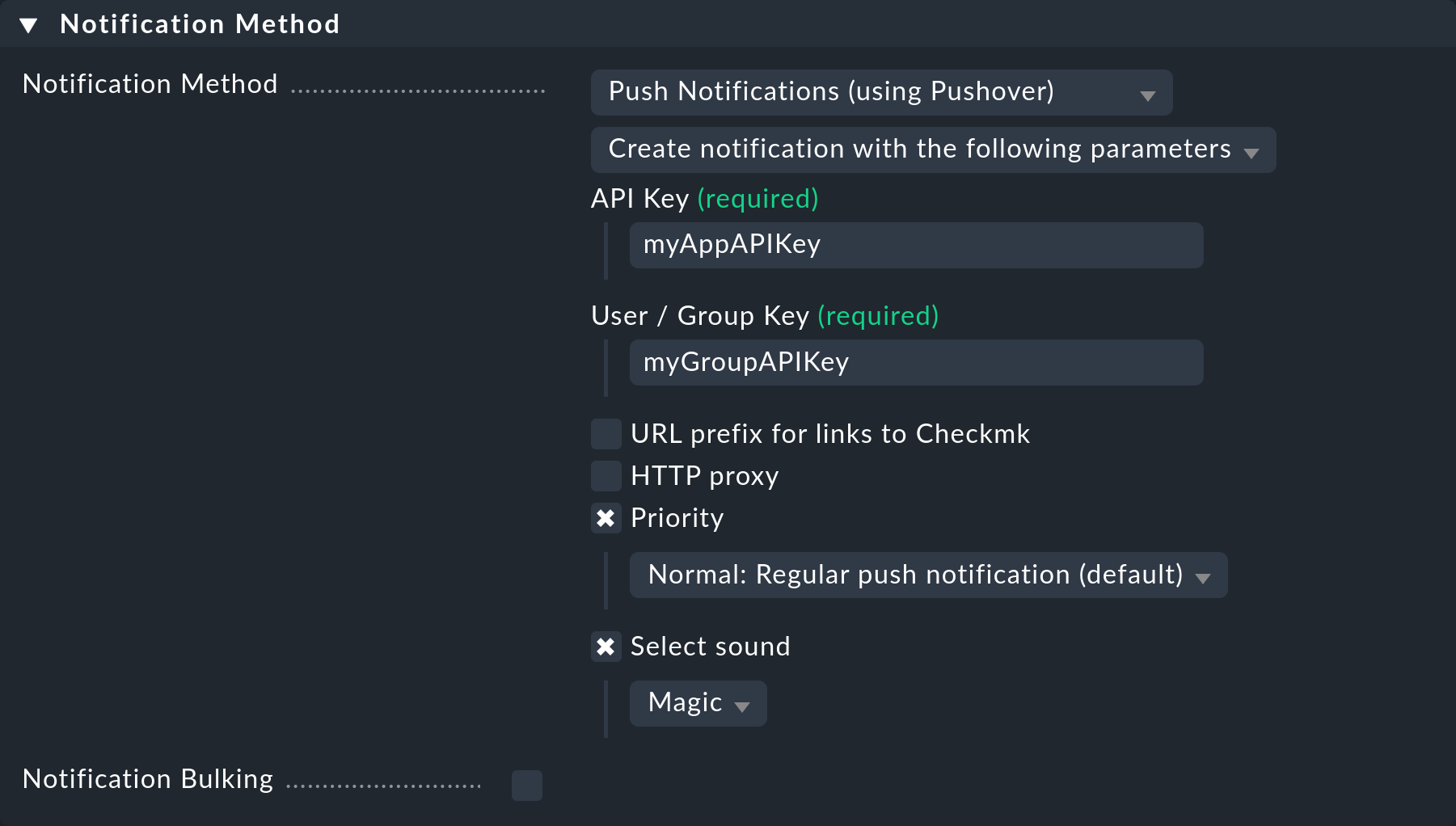 The notification method settings for Pushover.