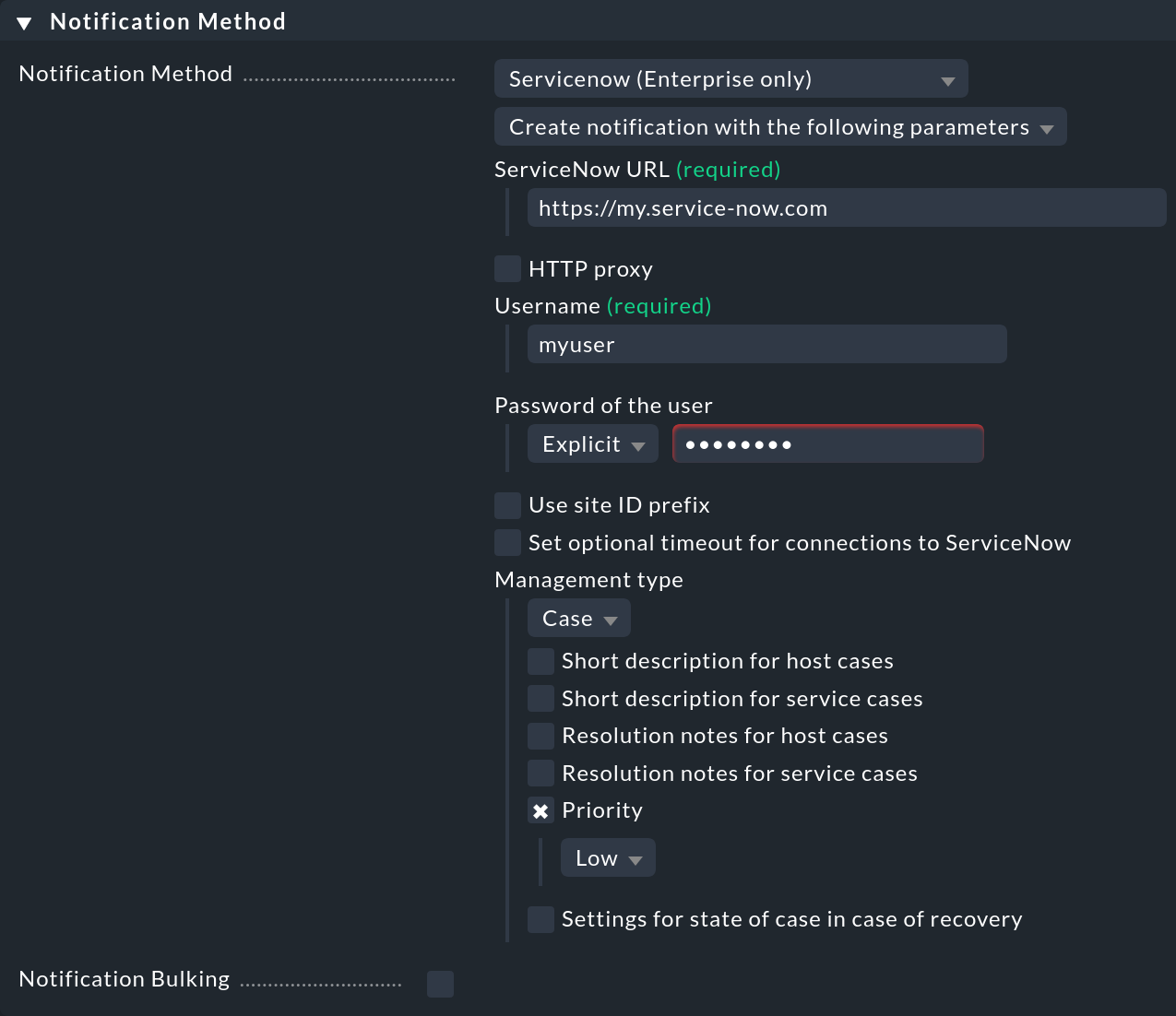 The notification method settings for Case type in ServiceNow.