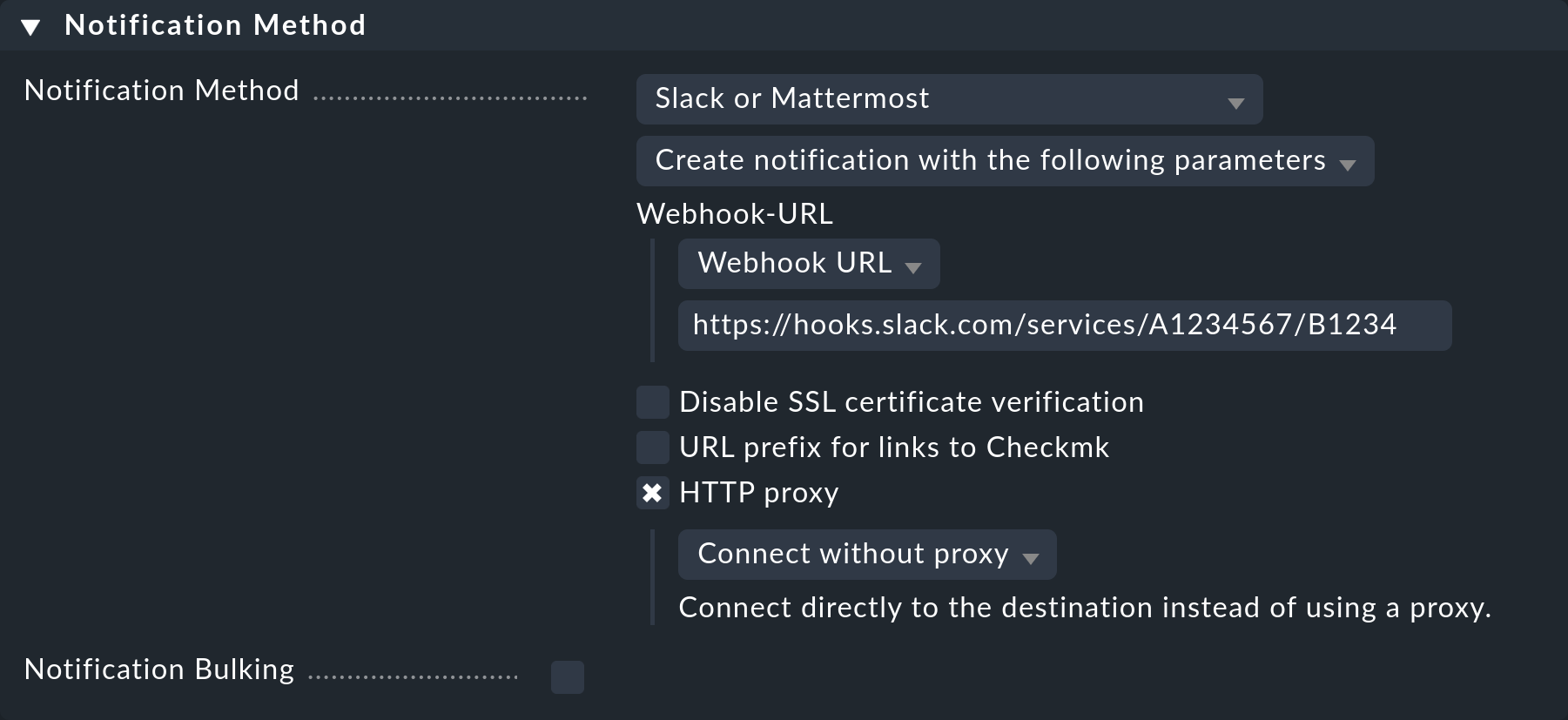 The notification method settings for Slack and Mattermost.