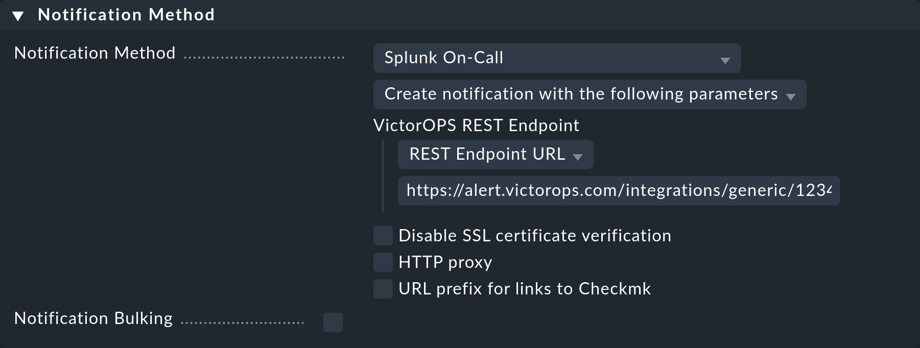 The notification method settings for Splunk On-Call.