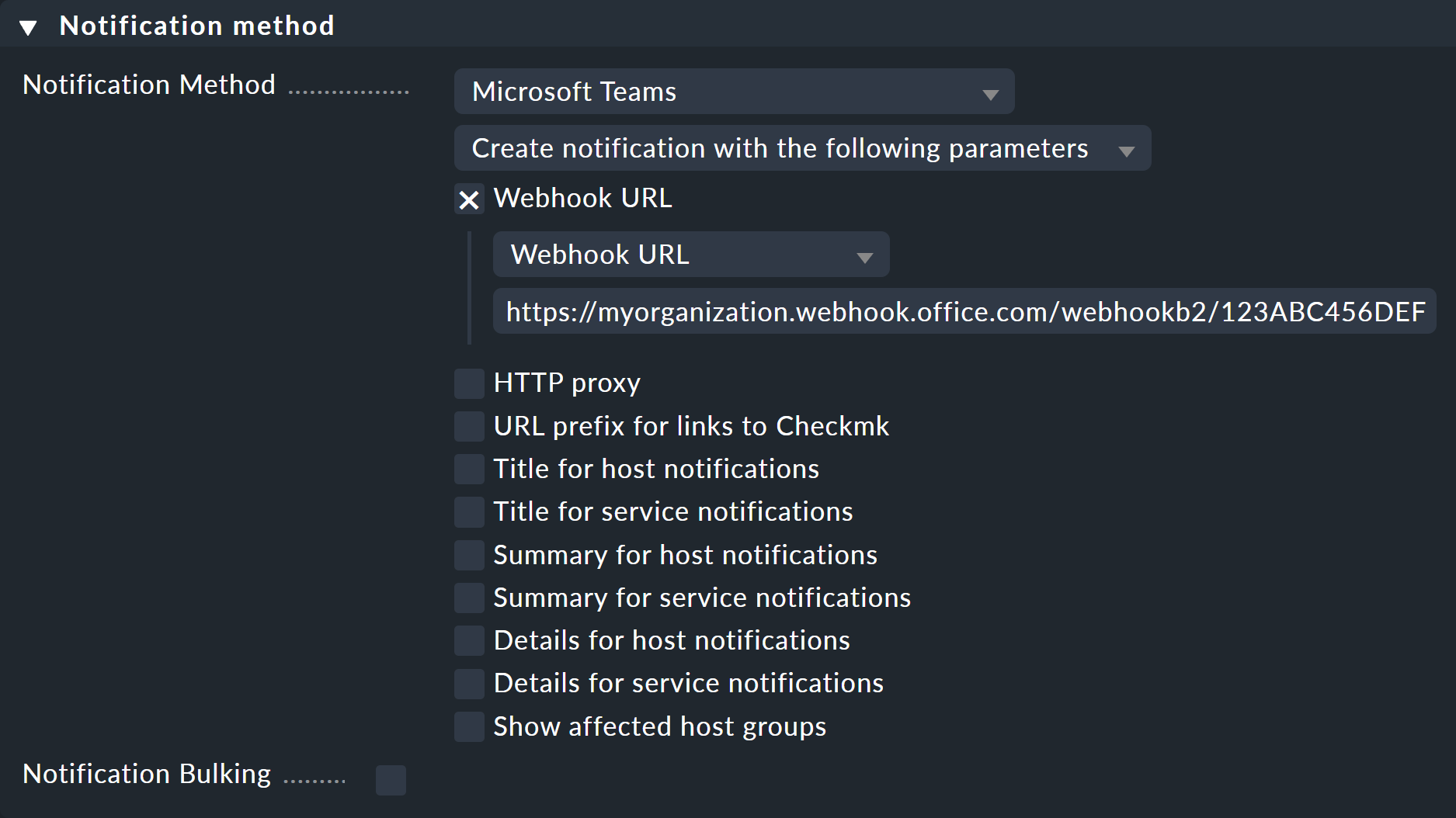 The notification method settings for Microsoft Teams.