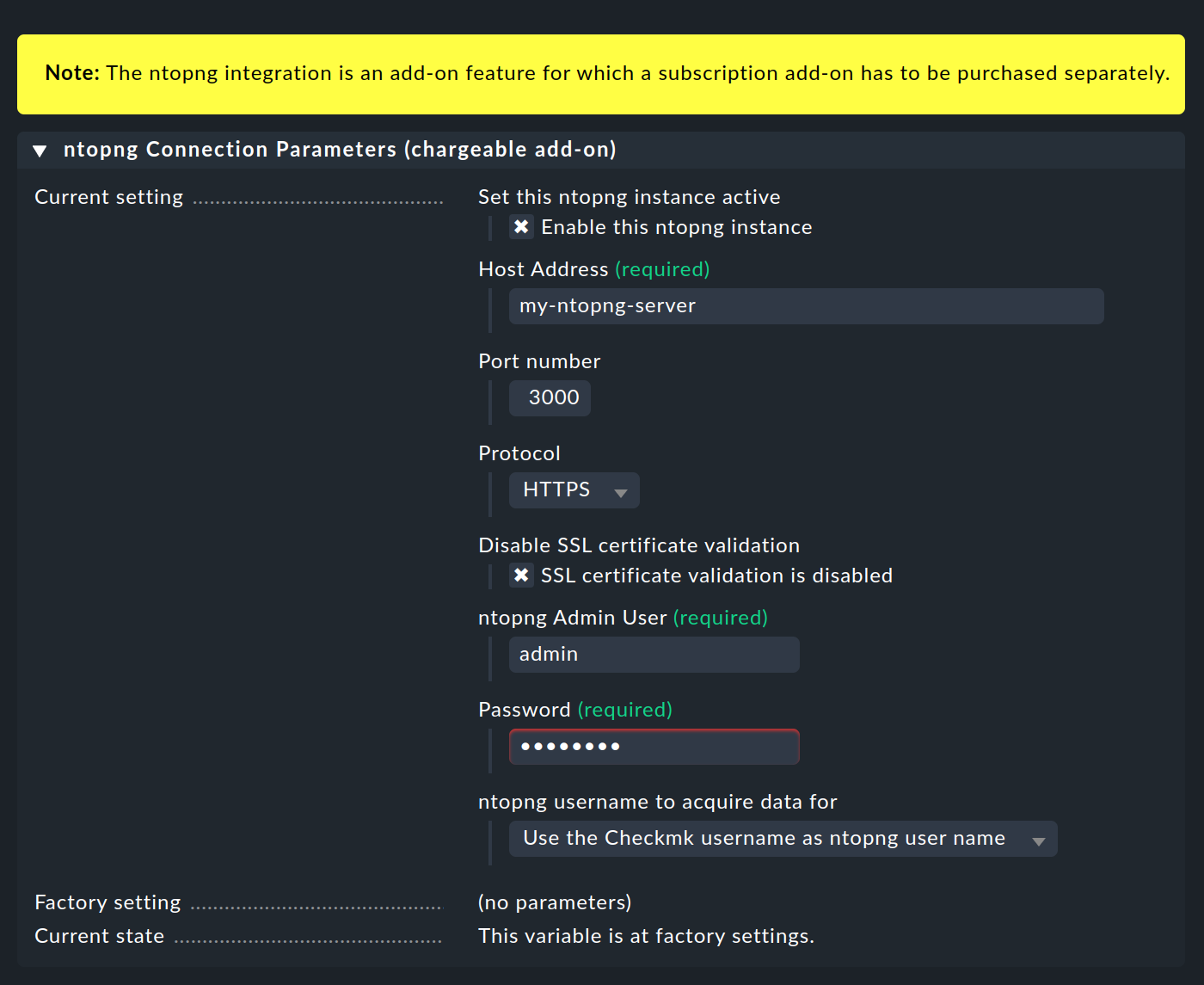 The ntopng connection parameters in the Global settings.