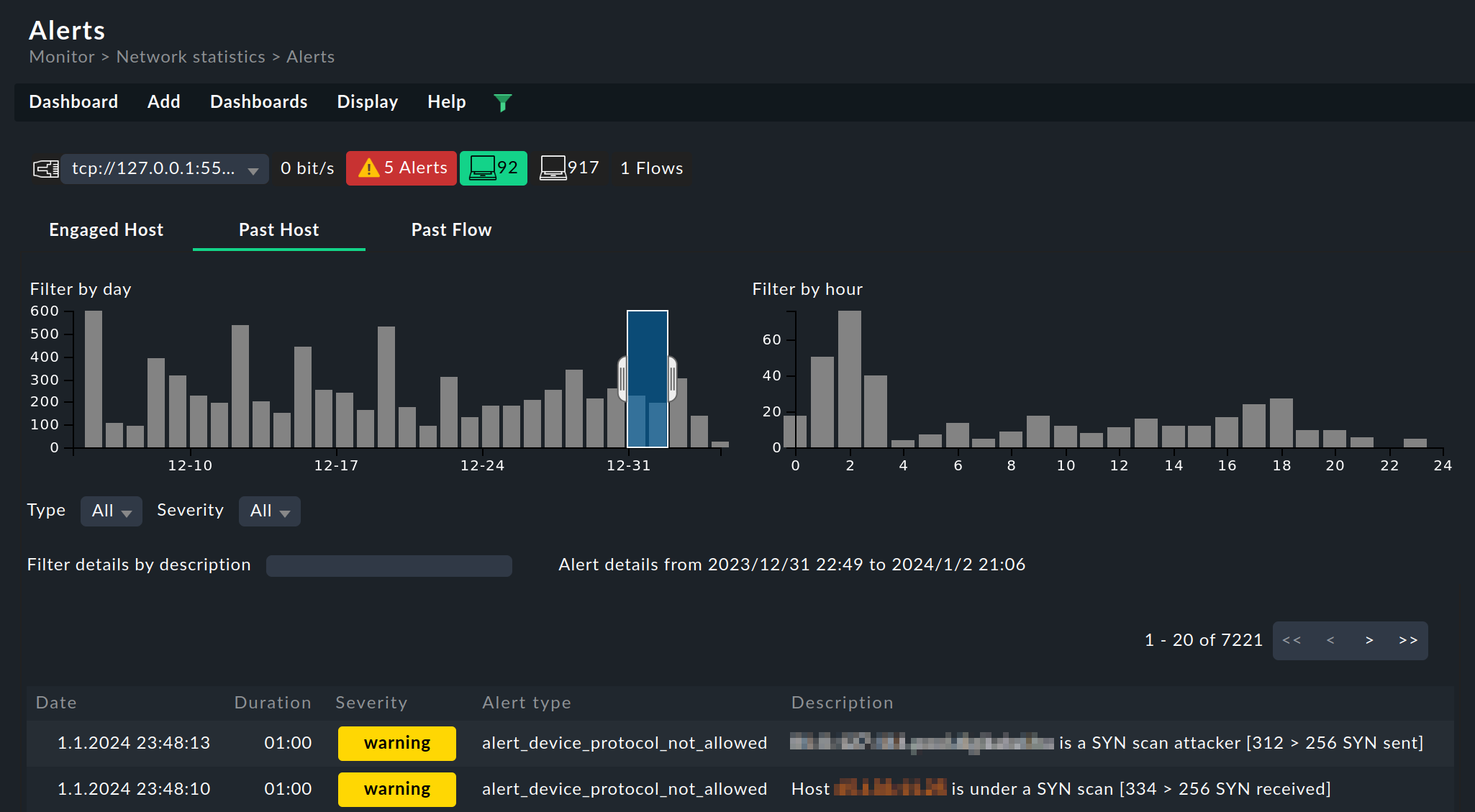 The 'Alerts' dashboard with two past host alerts.