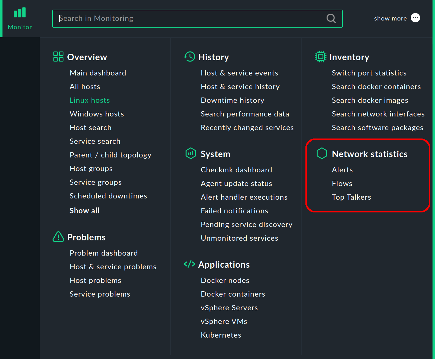 The Monitor menu with the new 'Network statistics' topic.