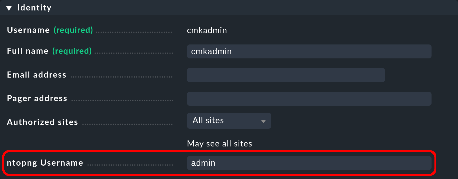 The properties of a Checkmk user with the new field for entering an ntopng user.