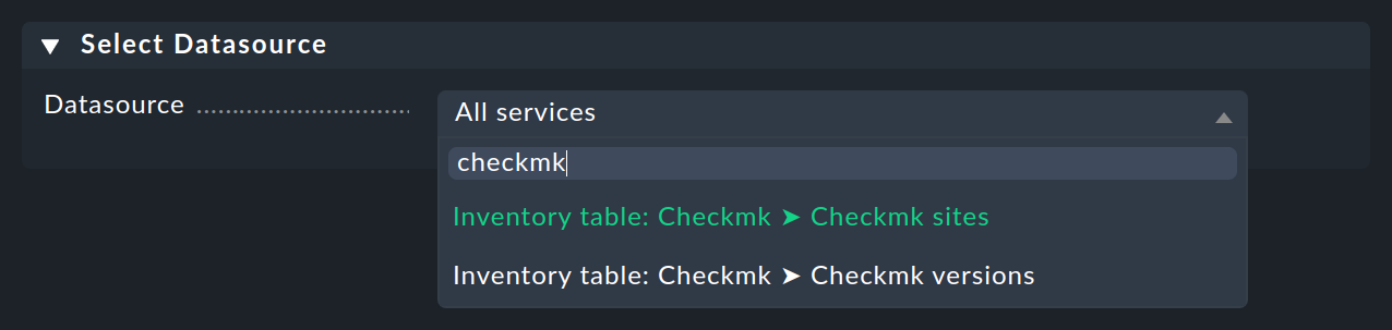 Auswahl der Datenquelle 'Checkmk sites'.