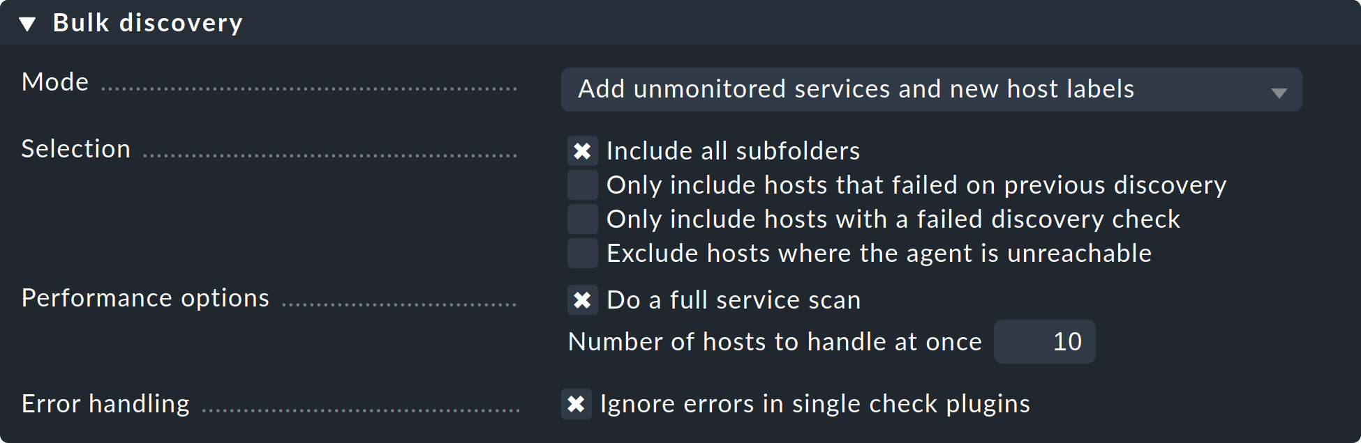 Eingabemaske für Optionen der Service-Erkennung.