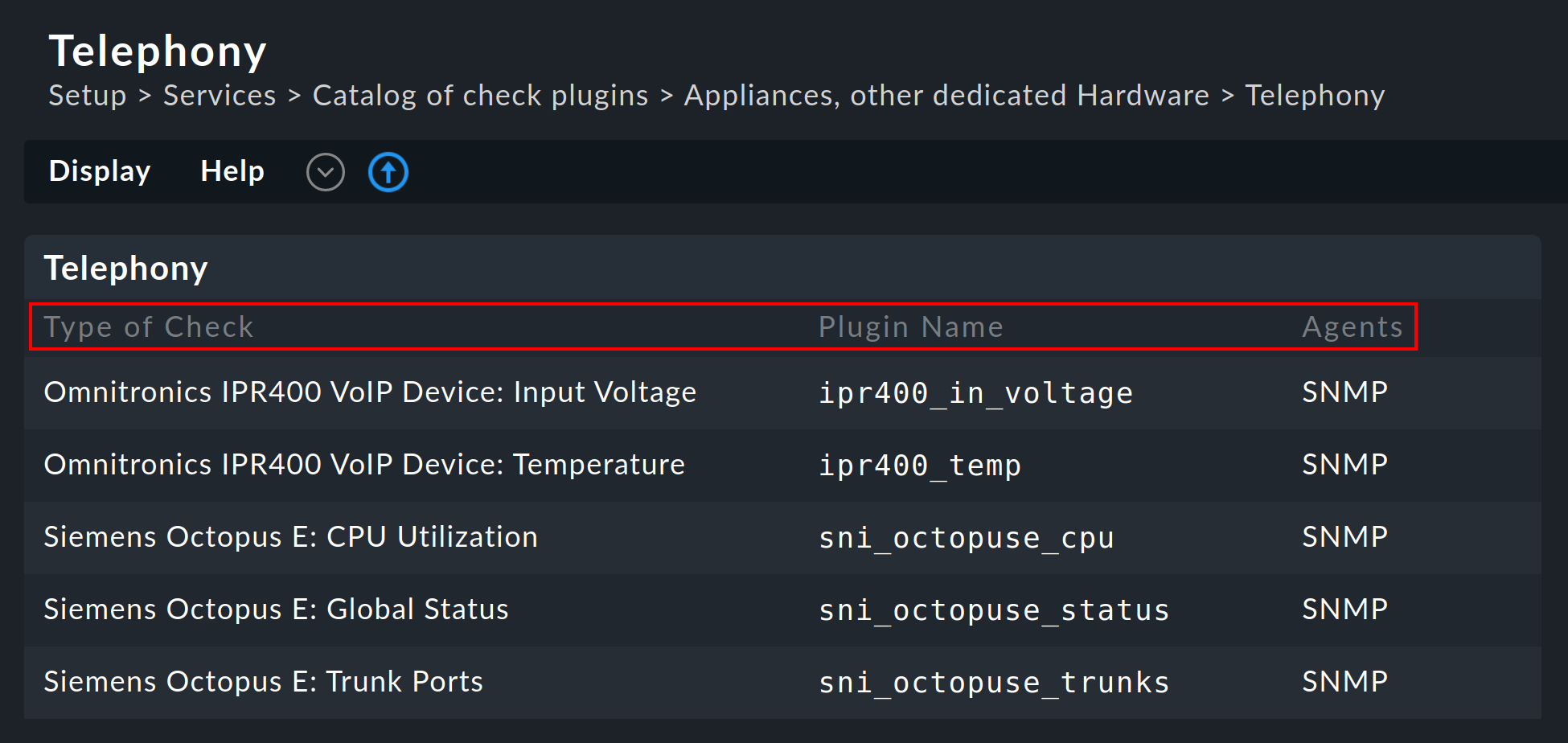 wato services catalog of check plugins telephony