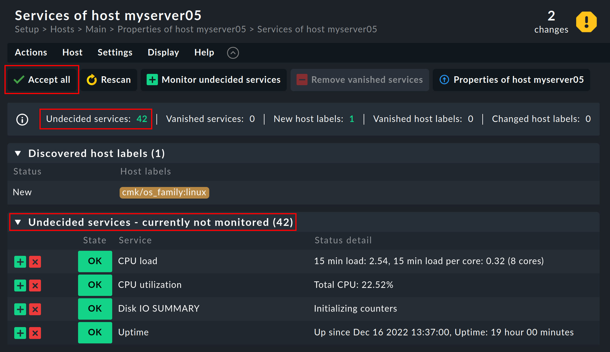 Ansicht der Services of host nach der ersten Service-Erkennung