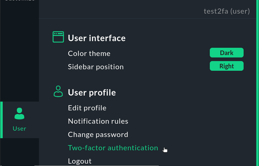 Auswahl der Zwei-Faktor-Authentifizierung aus dem User-Menü.