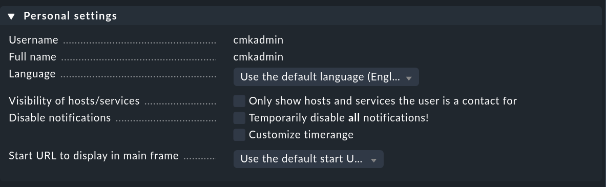 Dialog for a user's personal settings.