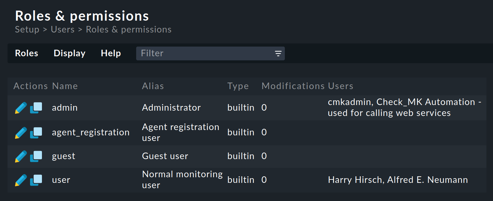 List of user roles.