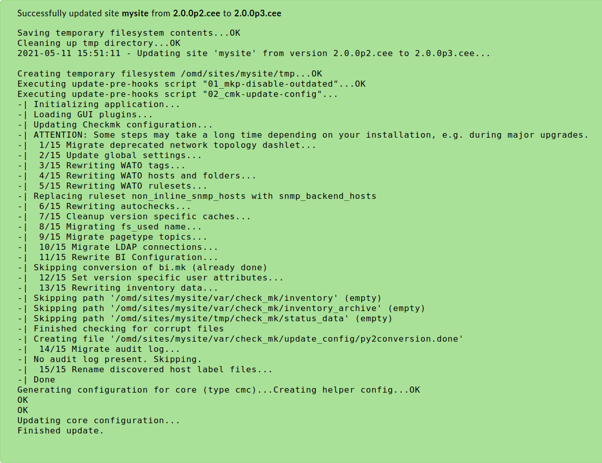 Message history during a Checkmk update.