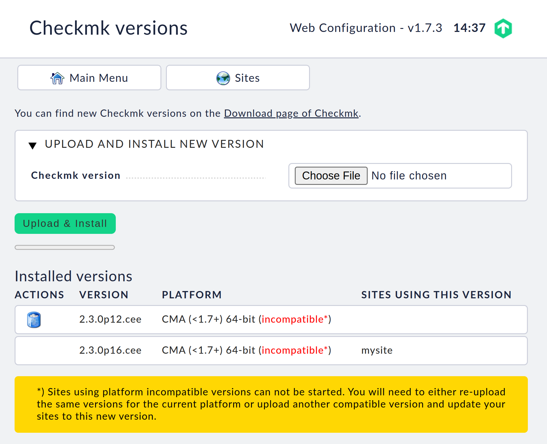 Overview of installed versions of Checkmk.