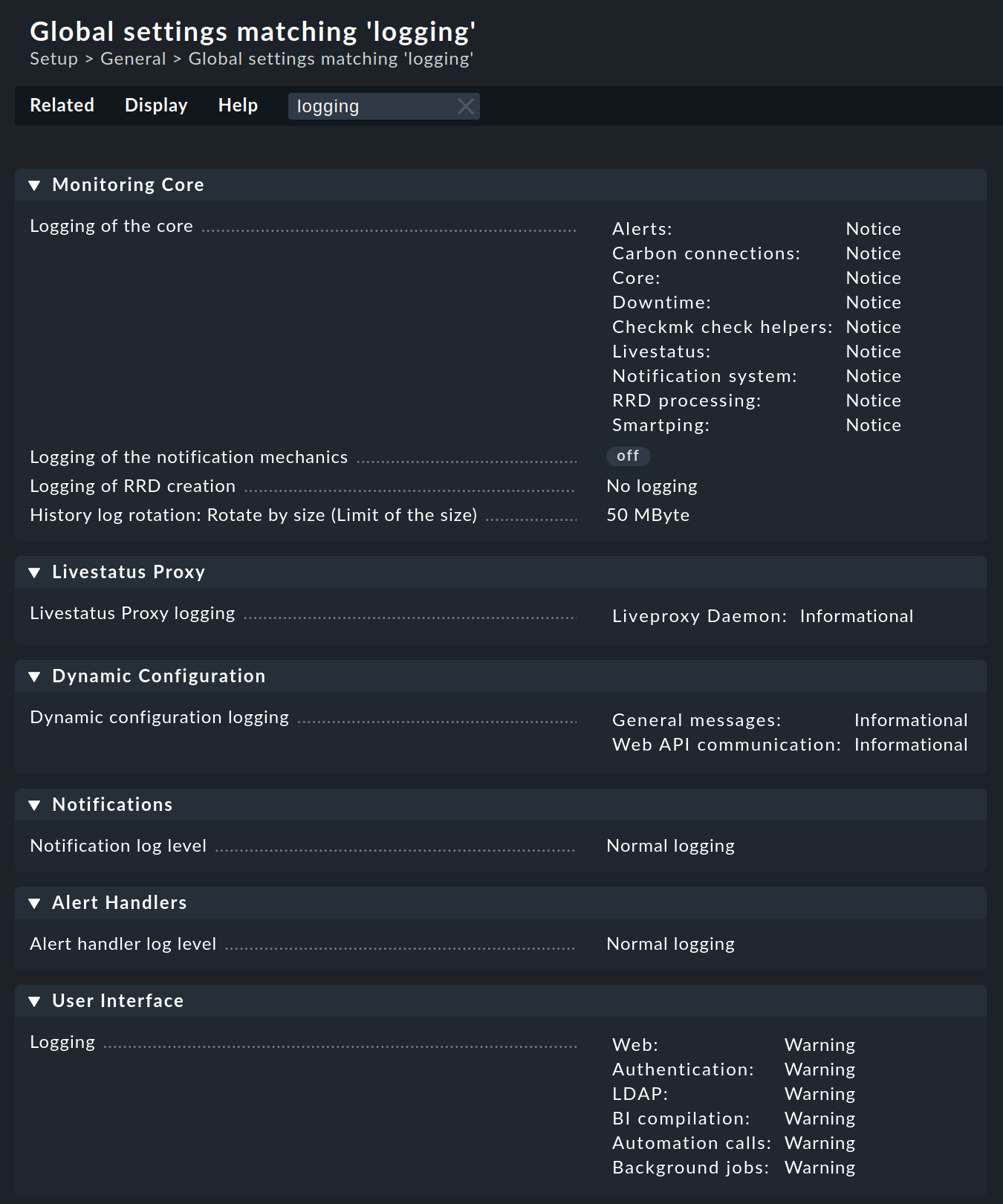 List of global settings for logging.
