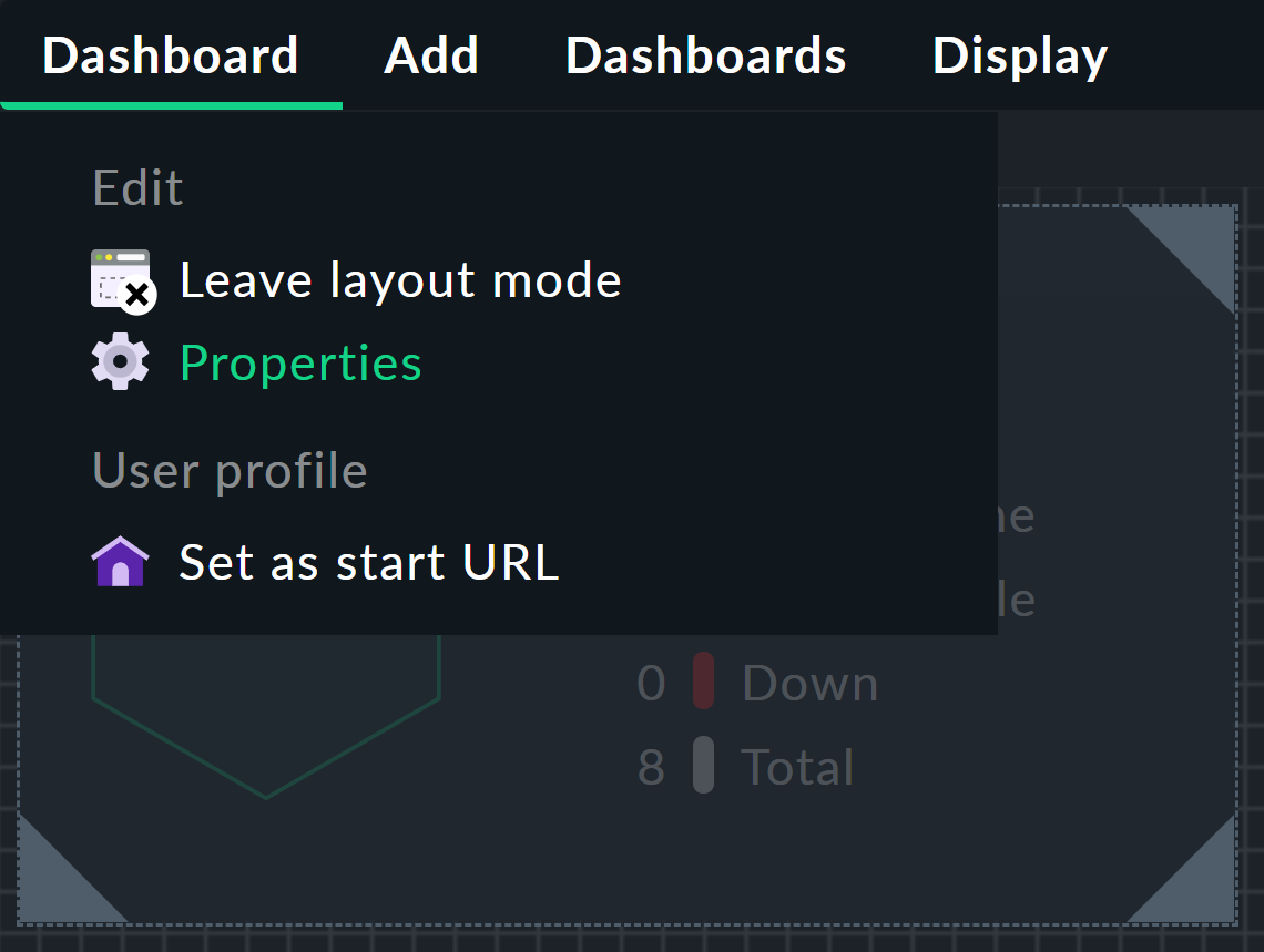 The 'Dashboard' menu with the 'Properties' entry selected.