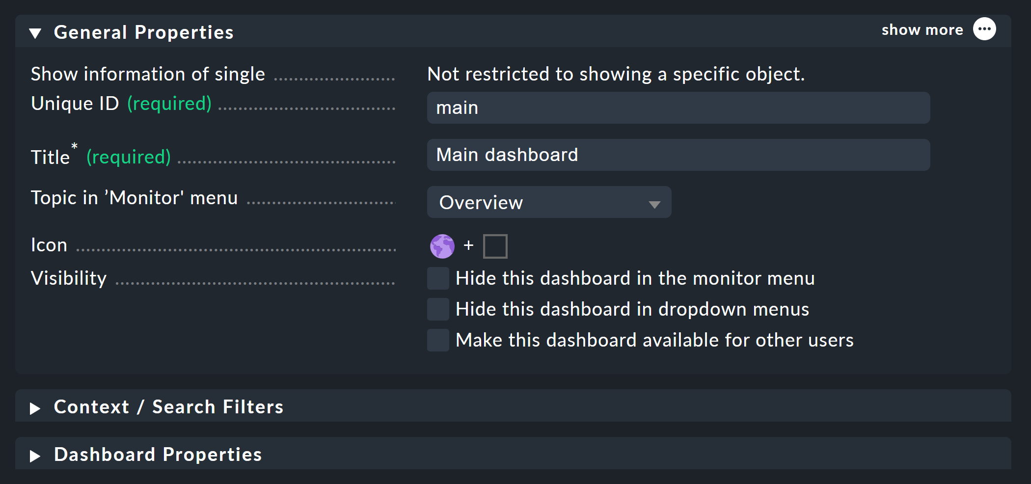 General properties of the dashboard.