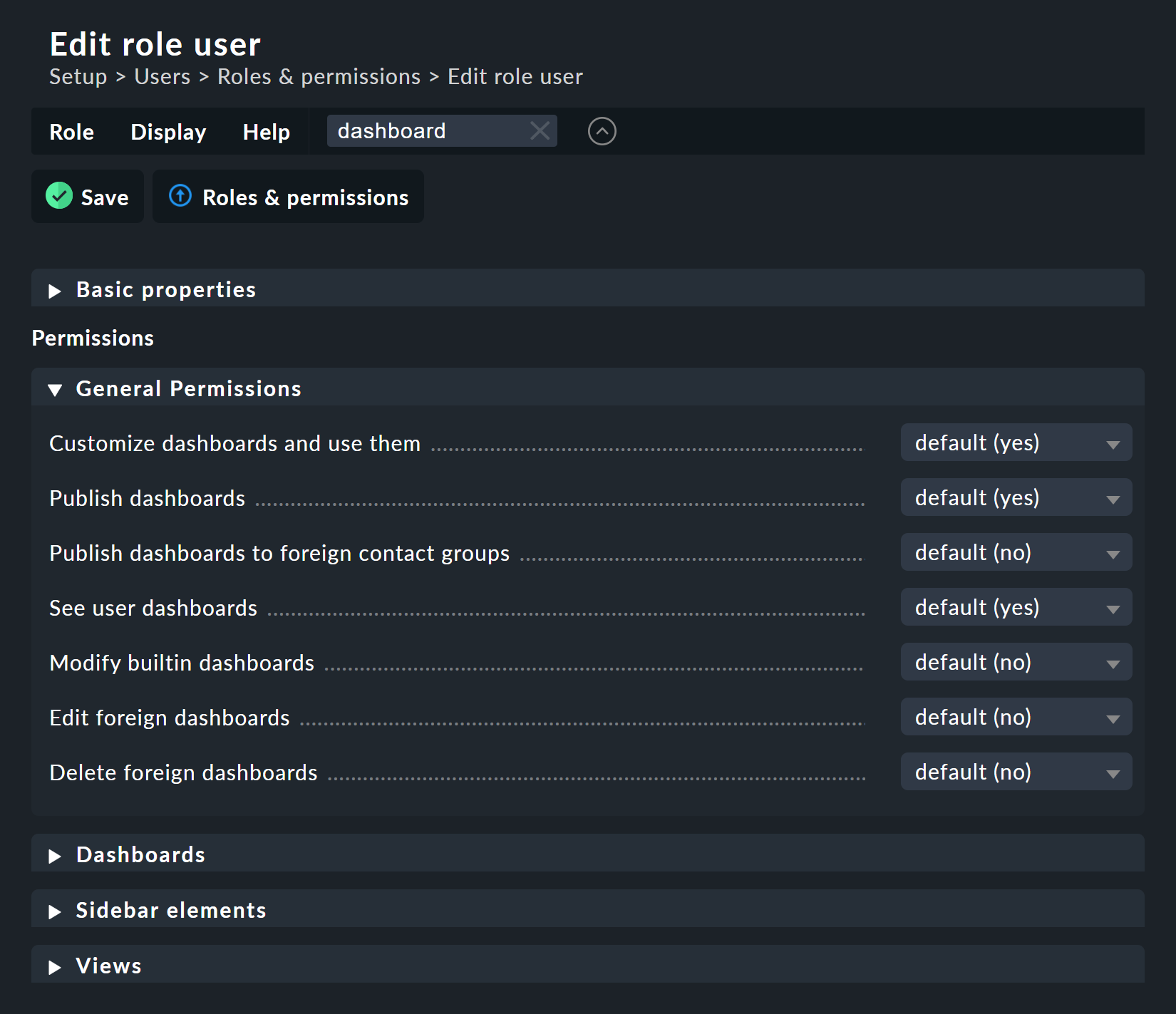 User role with the permissions for dashboards.