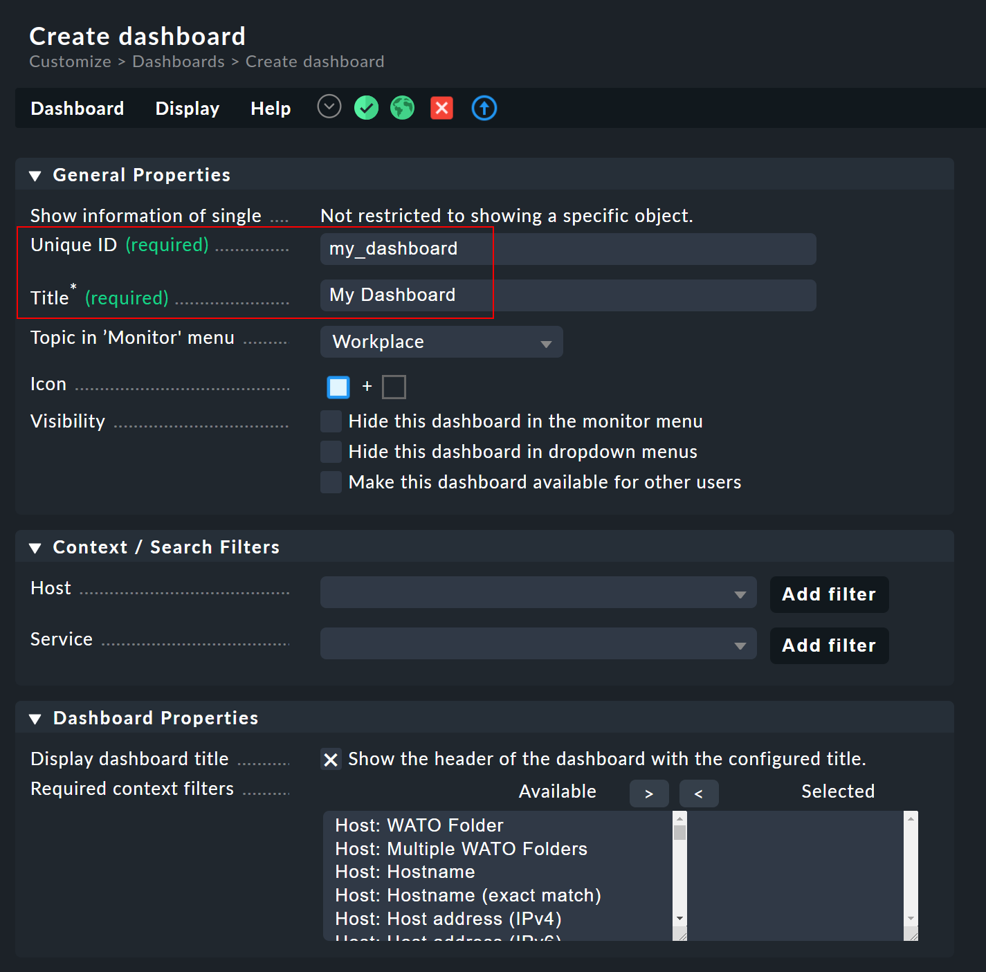 General properties of the dashboard with the necessary input for ID and title.